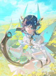 Rule 34 | 1boy, absurdres, alternate costume, ayanon ite, blue eyes, blue wings, braid, butterfly wings, genshin impact, gradient hair, hair ornament, harp, highres, insect wings, instrument, looking at viewer, male focus, multicolored hair, short hair with long locks, sitting, smile, solo, twin braids, venti (genshin impact), wings