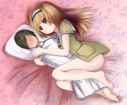 Rule 34 | 10s, 1girl, admiral (kancolle), barefoot, between legs, brown eyes, dakimakura (object), hairband, highres, i-26 (kancolle), kantai collection, light brown hair, long hair, lying, new school swimsuit, hugging object, pillow, pillow hug, sailor collar, satsukikyo, school swimsuit, short sleeves, smile, solo, swimsuit, swimsuit under clothes, two-tone hairband, two side up