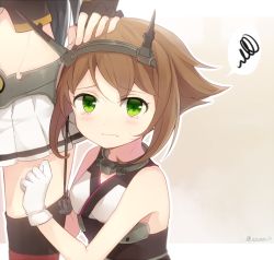 Rule 34 | 10s, 2girls, brown hair, fingerless gloves, gloves, green eyes, hairband, hand on another&#039;s head, hiiragi souren, kantai collection, looking at viewer, md5 mismatch, midriff, multiple girls, mutsu (kancolle), nagato (kancolle), short hair, squiggle, tears, aged down