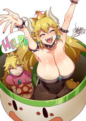 Rule 34 | !, !!, 2girls, :d, ^ ^, annoyed, armpits, arms up, blonde hair, blue eyes, blush, bowsette, bracelet, breasts, cleavage, closed eyes, collar, crown, cup, dress, english text, eyebrows, fangs, forked eyebrows, half-closed eyes, happy, huge breasts, jewelry, koopa clown car, mario (series), mizuryu kei, multiple girls, mushroom, new super mario bros. u deluxe, nintendo, open mouth, outstretched arms, outstretched hand, ponytail, princess, princess peach, sharp teeth, shoulder spikes, signature, simple background, smile, spiked bracelet, spiked collar, spikes, standing, strapless, super crown, super mario world, sweatdrop, teeth, text focus, white background, |d