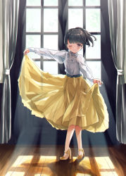 Rule 34 | 1girl, blouse, blush, crossed legs, curtains, curtsey, indoors, koisuru asteroid, long skirt, long sleeves, one eye closed, open window, ponytail, puffy sleeves, see-through, see-through silhouette, shirt, shoes, short hair, skirt, skirt hold, solo, sunlight, touyama nao, ugchoco, white shirt, window, yellow footwear, yellow skirt