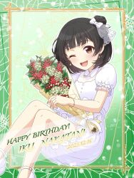 Rule 34 | 1girl, black hair, bouquet, bow, bracelet, brown eyes, character name, child, commentary, dated, dress, earrings, flat chest, floral print, flower, frilled sleeves, frills, green background, hair bow, happy birthday, highres, holding, holding bouquet, idolmaster, idolmaster million live!, jewelry, legs, light blush, looking at viewer, nakatani iku, necklace, one eye closed, open mouth, puffy short sleeves, puffy sleeves, shiro (ongrokm), short hair, short sleeves, sitting, smile, solo, white bow, white dress, white footwear