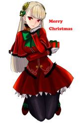 Rule 34 | 1girl, alternate color, bell, black pantyhose, blonde hair, box, capcom fighting jam, capelet, christmas, collar, gift, gift box, gloves, hair bell, hair ornament, hairpods, head rest, highres, ingrid (capcom), long hair, mary janes, merry christmas, pantyhose, red eyes, shoes, skirt, solo, tetsu (kimuchi), white gloves