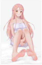 Rule 34 | 1girl, absurdres, artist name, asuna (sao), bare legs, bare shoulders, barefoot, bed sheet, blouse, blush, border, braid, breasts, brown eyes, brown hair, closed mouth, commentary request, feet, female focus, full body, highres, hugging own legs, knees up, large breasts, long hair, looking at viewer, pajamas, qizhu, shirt, sitting, smile, soles, solo, spaghetti strap, strap slip, sword art online, toes, very long hair, white background, white shirt