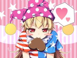 Rule 34 | 1girl, american flag dress, blonde hair, blush stickers, candy, chima q, chocolate, chocolate heart, clownpiece, fairy wings, food, food in mouth, hat, heart, jester cap, leaning forward, long hair, mouth hold, polka dot, red eyes, short sleeves, solo, spoken heart, star (symbol), striped, striped background, touhou, upper body, valentine, very long hair, wings