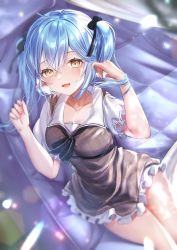 Rule 34 | 1girl, absurdres, ahoge, black bow, black ribbon, blue hair, blush, bow, breasts, brown dress, buta tamako, closed mouth, commentary request, cowboy shot, dress, elf, frilled dress, frills, hair between eyes, hair ribbon, hands up, highres, hololive, long hair, looking at viewer, medium breasts, multicolored hair, nail polish, official alternate costume, open mouth, pink nails, pointy ears, ribbon, short sleeves, smile, solo, streaked hair, two side up, virtual youtuber, yellow eyes, yukihana lamy, yukihana lamy (casual)
