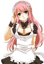 Rule 34 | 1girl, apron, aqua eyes, breasts, cleavage, female focus, hairband, headphones, highres, long hair, maid, maid apron, megurine luka, pink hair, simple background, solo, vocaloid, white background, yucco kxoxc
