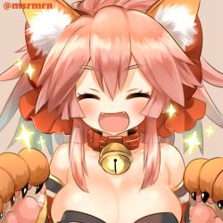Rule 34 | 1girl, :d, ^ ^, animal ear fluff, animal ears, animal hands, bad id, bad pixiv id, bare shoulders, bell, blush, bow, breasts, brown background, cleavage, closed eyes, collar, facing viewer, fangs, fate/grand order, fate (series), fox ears, gloves, hair between eyes, hair bow, hands up, jingle bell, mashiro miru, medium breasts, neck bell, open mouth, paw gloves, pink hair, red bow, red collar, sidelocks, simple background, smile, solo, sparkle, strapless, tamamo (fate), tamamo cat (fate), tamamo cat (first ascension) (fate), twitter username