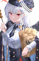 Rule 34 | 1girl, absurdres, blue archive, food, haruna (blue archive), highres, looking at viewer, school uniform, smile, solo, sysen, taiyaki, wagashi, white background