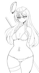 Rule 34 | 1girl, bikini, breasts, choker, cleavage, commentary request, cowboy shot, greyscale, hair ornament, hata no kokoro, long hair, mask, medium breasts, monochrome, navel, navel piercing, pandain, piercing, simple background, solo, swimsuit, thigh strap, touhou, wide hips