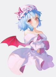 Rule 34 | 1girl, arms under breasts, bare shoulders, bat wings, blue hair, breasts, brooch, collarbone, dress, grey background, hat, highres, jewelry, long sleeves, looking at viewer, mob cap, off-shoulder dress, off shoulder, pink dress, pout, red eyes, remilia scarlet, short hair, simple background, small breasts, solo, tachibana shiori (suica 112), touhou, v-shaped eyebrows, white background, wings