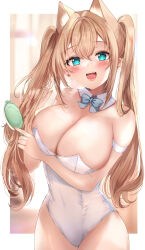 Rule 34 | 1girl, :d, absurdres, animal ears, bare shoulders, blue bow, blue bowtie, blush, borrowed character, bow, bowtie, breasts, cat ears, cleavage, cowboy shot, detached collar, green eyes, hair between eyes, hair brush, highres, holding, holding hair brush, large breasts, leotard, light brown hair, long hair, looking at viewer, mole, mole on breast, open mouth, original, outside border, smile, solo, strapless, strapless leotard, twintails, white leotard, yu lei