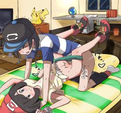 Rule 34 | 1boy, 1girl, arms up, baseball cap, beanie, black eyes, black hair, black headwear, black shorts, blue shirt, blush, book, bracelet, chair, closed eyes, closed mouth, clothed sex, clothes pull, collarbone, creatures (company), desk, doll, elio (pokemon), erection, flat chest, floral print, franberyll, full body, game freak, gen 1 pokemon, globe, green shorts, happy sex, hat, heart, hetero, highres, indoors, japanese text, jewelry, kneeling, looking at another, lying, matching hair/eyes, missionary, motion lines, navel, night, nintendo, on back, on bed, open book, open mouth, penis, pikachu, pillow, poke ball theme, pokemon, pokemon (creature), pokemon sm, pussy, red footwear, red headwear, selene (pokemon), sex, shirt, shoes, short hair, short shorts, short sleeves, shorts, shorts pull, smile, socks, spoken heart, spread legs, striped clothes, striped shirt, sweat, swept bangs, teeth, television, tied shirt, translation request, trash can, trembling, uncensored, undershirt, vaginal, white legwear, window, yellow shirt, z-ring