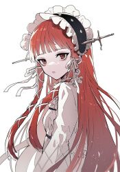 Rule 34 | 1girl, a d chi, blunt bangs, closed mouth, dress, frilled dress, frills, hair ribbon, hairband, highres, lolita hairband, long hair, long sleeves, looking at viewer, persona, persona 3, red eyes, red hair, ribbon, simple background, solo, very long hair, white background, white dress, white ribbon, yoshino chidori