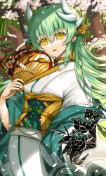 Rule 34 | 1girl, cherry blossoms, commentary request, dragon horns, fate/grand order, fate (series), floral print, folding fan, green hair, hand fan, highres, horns, japanese clothes, kimono, kiyohime (fate), long hair, long sleeves, looking at viewer, morizono shiki, parted lips, petals, smile, solo, white kimono, wide sleeves, yellow eyes