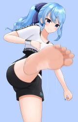 Rule 34 | 1girl, absurdres, black shorts, black tank top, blue eyes, blue hair, blue nails, blue ribbon, blush, character name, commentary request, copyright name, cropped shirt, feet, foot focus, foreshortening, hair ribbon, highres, hololive, hololive dance practice uniform, hoshimachi suisei, kicking, motion blur, nail polish, official alternate costume, ponytail, ribbon, shadow, shirt, short shorts, short sleeves, shorts, sidelocks, soles, solo, standing, standing on one leg, star (symbol), star in eye, swept bangs, symbol in eye, tamagotozi3420, tank top, teeth, thighs, virtual youtuber, white shirt, wristband
