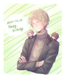 Rule 34 | 3boys, atou haruki, black jacket, blonde hair, border, bright pupils, brown sweater, closed eyes, closed mouth, commentary request, cropped torso, dated, english text, green background, happy birthday, highres, isoi haruki, jacket, long sleeves, male focus, mini person, miniboy, multiple boys, open clothes, open jacket, open mouth, pink hair, red eyes, ribbed sweater, saibou shinkyoku, short hair, smile, spoilers, sweater, turtleneck, turtleneck sweater, wakasoba, white border, white pupils