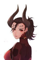 Rule 34 | 1girl, bad id, bad twitter id, bodysuit, breasts, brown hair, dark persona, demon horns, devil mercy, ear piercing, eyelashes, facial mark, forehead mark, highres, horns, lips, long sleeves, medium breasts, mercy (overwatch), no wings, nose, official alternate costume, overwatch, overwatch 1, parted lips, perio 67, piercing, ponytail, portrait, red bodysuit, red eyes, simple background, solo, turtleneck, twisted neck, upper body, white background