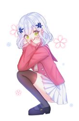 Rule 34 | 1girl, bad id, bad pixiv id, black footwear, black thighhighs, blush, covered mouth, flower, flower over mouth, from side, full body, green eyes, hands up, holding, holding flower, long hair, long sleeves, looking at viewer, looking to the side, mamel 27, mary janes, original, pink flower, pink sailor collar, pink shirt, pleated skirt, sailor collar, school uniform, serafuku, shirt, shoes, silver hair, skirt, solo, squatting, thighhighs, white background, white skirt