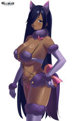 Rule 34 | 1girl, absurdres, alternate costume, bare shoulders, blue eyes, breasts, cleavage, clenched hands, closed mouth, commentary request, copyright name, cowboy shot, dark-skinned female, dark skin, elbow gloves, fate/grand order, fate (series), forehead, fur trim, gloves, hair over one eye, halloween, hand on own hip, highleg, highleg panties, highres, kurozawa yui, large breasts, light blush, long bangs, long hair, looking at viewer, mash kyrielight, mash kyrielight (dangerous beast), mole, mole under mouth, panties, parted bangs, pink panties, purple gloves, purple hair, purple thighhighs, revealing clothes, shadow, shiny skin, simple background, solo, thighhighs, underwear, very long hair, white background