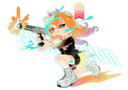 Rule 34 | 1girl, :p, absurdres, arrow (symbol), black shirt, black shorts, black skirt, closed mouth, commentary request, commission, full body, gradient hair, green eyes, gun, heatinsulator, highres, holding, holding gun, holding weapon, long hair, multicolored hair, n-zap (splatoon), nintendo, octoling, octoling girl, octoling player character, one eye closed, orange hair, paint, pleated skirt, purple hair, shirt, shoes, shorts, skirt, solo, splatoon (series), splatoon 3, tentacle hair, tongue, tongue out, two-sided fabric, two-sided skirt, two-tone hair, weapon, white background, white footwear