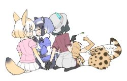 Rule 34 | 10s, 4girls, animal ears, backpack, bag, black gloves, black hair, blonde hair, blush, bow, bowtie, bucket hat, cheating (relationship), common raccoon (kemono friends), fennec (kemono friends), fox ears, fox tail, gloves, holding hands, hat, hat feather, kaban (kemono friends), kemono friends, multicolored hair, multiple girls, open mouth, personification, raccoon ears, raccoon tail, red shirt, serval (kemono friends), serval print, serval tail, shirt, short hair, short sleeves, shorts, skirt, smile, striped tail, tail, wavy hair, yuri
