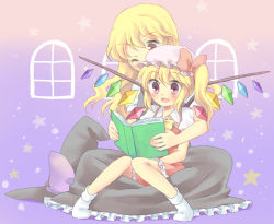 Rule 34 | 2girls, :d, black dress, blonde hair, blush, book, child, crystal, dress, female focus, flandre scarlet, hat, height difference, kirisame marisa, kuguri oimo, mob cap, multiple girls, open book, open mouth, puffy short sleeves, puffy sleeves, reading, red dress, red eyes, short sleeves, sitting, smile, tareme, touhou, wings
