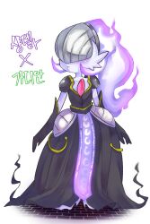 Rule 34 | 1girl, absurdres, armor, arms at sides, black dress, black gloves, blush, chandelure, closed mouth, colored skin, covered eyes, creatures (company), crescent, ddingyong, dress, elbow gloves, expressionless, faulds, female focus, fiery horns, fire, flat chest, full body, fusion, game freak, gardevoir, gen 3 pokemon, gen 5 pokemon, gloves, grey headwear, helmet, highres, horns, korean text, long dress, long hair, looking to the side, nintendo, pokemon, pokemon (creature), ponytail, purple fire, purple hair, purple skin, short sleeves, simple background, solo, standing, translation request, white background