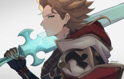 Rule 34 | 1boy, armor, armored gloves, belt, black gloves, breastplate, brown belt, brown hair, closed mouth, commentary, gloves, gorget, granblue fantasy, green eyes, highres, holding, holding sword, holding weapon, hood, looking at viewer, male focus, ornate armor, pauldrons, pppppknw, profile, seofon (granblue fantasy), shoulder armor, simple background, smile, solo, spiked hair, sword, twitter username, two-sided fabric, upper body, weapon, white background, wrist belt