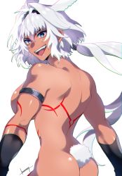 Rule 34 | 1girl, animal ears, armlet, ass, bad id, bad twitter id, blue eyes, breasts, caenis (fate), caenis (fate/grand order), chromatic aberration, dark skin, dark-skinned female, fate/grand order, fate (series), from behind, grin, highres, karasumaru, large breasts, low ponytail, nude, open mouth, signature, smile, solo, tail, tattoo, white background, white hair