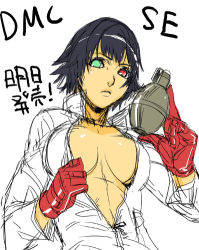 Rule 34 | 00s, 1girl, black hair, breasts, capcom, devil may cry (series), explosive, gloves, grenade, heterochromia, lady (devil may cry), large breasts, open clothes, open shirt, shirt, short hair, solo