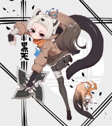 Rule 34 | 1girl, animal, animal ears, blue eyes, brown hair, elbow gloves, extra ears, fingerless gloves, full body, gloves, grey background, grey hair, highres, jacket, kemono friends, long hair, looking at viewer, multicolored hair, notora, pantyhose, sable (kemono friends), scarf, shoes, skirt, tail, two-tone hair, weapon