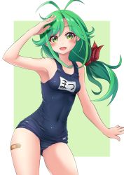 Rule 34 | 1girl, absurdres, alternate costume, antenna hair, bandaid, bandaid on leg, blush, breasts, covered navel, fang, green background, green eyes, green hair, hair ornament, hair ribbon, highres, kantai collection, long hair, looking at viewer, makura (y makura), matsu (kancolle), name tag, one-piece swimsuit, open mouth, pine tree, ribbon, salute, school swimsuit, skin fang, small breasts, smile, solo, swimsuit, thighs, tree, two-tone background, white background