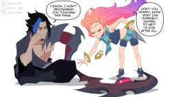Rule 34 | 1boy, 1girl, absurdres, bare arms, bare shoulders, bent over, black hair, black pants, blonde hair, blue hair, bracelet, closed eyes, crop top, english text, green scarf, green shirt, green shorts, grin, highres, jewelry, kayn (league of legends), league of legends, long hair, odeko yma, pants, pink hair, rhaast, scarf, scythe, shirt, shorts, sitting, smile, speech bubble, striped clothes, striped scarf, teeth, toeless footwear, weapon, zoe (league of legends)