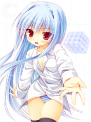 Rule 34 | 10s, 1girl, ascii media works, beckoning, blue hair, cube, cube x cursed x curious, dress shirt, fear kubrick, long hair, no pants, open collar, open mouth, outstretched arm, outstretched hand, panties, red eyes, shirt, solo, striped clothes, striped panties, thighhighs, underwear, very long hair, yuku (kiollion)