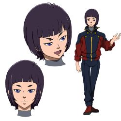 Rule 34 | 00s, black hair, blue eyes, boots, character profile, closed mouth, gundam, gundam narrative, happy, looking at viewer, michelle luio, official art, open mouth, short hair, smile, teeth, thick eyebrows