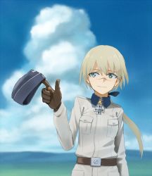 Rule 34 | 1girl, belt, blonde hair, blue eyes, blue sky, brown gloves, cloak, cowboy shot, cross, day, gloves, hanna rudel, hat, iron cross, leather, leather gloves, long hair, ponytail, scar, scar on face, shiratama (hockey), sky, smile, solo, strike witches, strike witches: suomus misfits squadron, uniform, unworn hat, unworn headwear, white cloak, world witches series