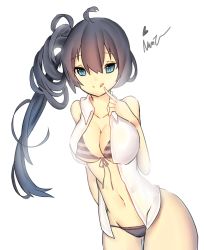 Rule 34 | 1girl, aqua eyes, artist request, bad id, bad pixiv id, bikini, black hair, blouse, breasts, cleavage, curly hair, female focus, finger to mouth, front-tie top, hair between eyes, large breasts, long hair, looking at viewer, namu (ratias7777), navel, original, shirt, side ponytail, sleeveless, sleeveless shirt, solo, striped bikini, striped clothes, swimsuit, tongue, tongue out, white shirt