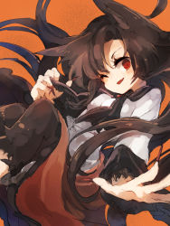 Rule 34 | 1girl, animal ears, ascot, bloomers, blush, brown hair, dress, fang, fingernails, hairy legs, hisona (suaritesumi), imaizumi kagerou, long hair, long sleeves, looking at viewer, nail polish, one eye closed, open hand, open mouth, orange background, outstretched arm, red eyes, simple background, sketch, smile, solo, tail, touhou, underwear, wink, wolf ears, wolf tail