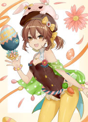 Rule 34 | &gt;:), 1girl, :d, animal hat, bare shoulders, breasts, brown eyes, brown hair, collar, covered navel, delthea (fire emblem), easter egg, egg, fang, fire emblem, fire emblem echoes: shadows of valentia, fire emblem heroes, flower, haru (nakajou-28), hat, highres, leotard, looking at viewer, nintendo, official alternate costume, open mouth, pantyhose, rabbit hat, sleeveless, small breasts, smile, solo, v-shaped eyebrows, yellow pantyhose