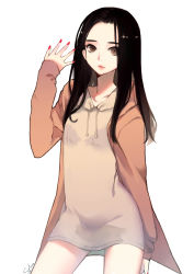 Rule 34 | 1girl, arm at side, arm up, black hair, brown eyes, brown jacket, brown shirt, closed mouth, commentary request, contrapposto, drawstring, fingernails, highres, hood, hooded jacket, jacket, long hair, long shirt, looking at viewer, nail polish, open clothes, open jacket, original, red nails, shirt, signature, simple background, solo, standing, sylvia (huajiuhuajiu), white background