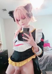 Rule 34 | 1boy, astolfo (fate), astolfo (fate) (cosplay), cellphone, cosplay, crossdressing, fate/grand order, fate (series), long hair, no panties, penis, phone, photo (medium), pink hair, selfie, solo, transgender, trap, trappychan
