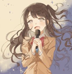 Rule 34 | 10s, 1girl, :d, artist name, bad id, bad pixiv id, brown eyes, brown hair, crying, crying with eyes open, holding, holding microphone, idolmaster, idolmaster cinderella girls, long hair, marin (myuy 3), microphone, music, one side up, open mouth, school uniform, shimamura uzuki, singing, smile, solo, tears