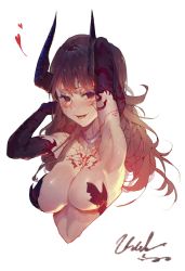 Rule 34 | 1girl, absurdres, armpits, bare shoulders, breasts, bridgeless bra, brown hair, chain, collar, cropped torso, elbow gloves, gloves, hand up, heart, highres, horns, kuroduki (pieat), large breasts, long hair, looking at viewer, metal collar, parted lips, red eyes, revealing clothes, signature, simple background, smile, solo, white background