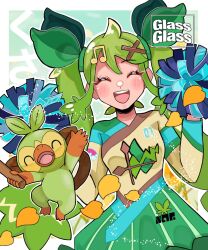 Rule 34 | 1girl, :d, ^ ^, blush, cheerleader, closed eyes, commentary request, creatures (company), dress, english text, engrish text, facing viewer, fortissimo, game freak, gen 8 pokemon, grass miku (project voltage), green hair, green ribbon, green skirt, grookey, hair ornament, hair ribbon, hands up, happy, hatsune miku, highres, holding, holding pom poms, long hair, long sleeves, multicolored clothes, multicolored dress, musical note, musical note hair ornament, nemui o23, nintendo, open mouth, petals, pokemon, pokemon (creature), pom pom (cheerleading), pom poms, print dress, project voltage, ranguage, ribbon, skirt, smile, standing, teeth, twintails, upper teeth only, vocaloid, x hair ornament