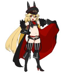 Rule 34 | 1girl, :d, belt, black footwear, black hat, blonde hair, boots, breasts, clothes lift, facing away, fang, full body, hair between eyes, hand on own hip, hat, high heel boots, high heels, highres, himitsu kessha schwarzschild, knee boots, lifted by self, long hair, navel, no bra, okunin, open mouth, orange eyes, peaked cap, red belt, simple background, skin fang, skindentation, small breasts, smile, solo, standing, striped clothes, striped thighhighs, thighhighs, thighs, toudou chloe, underboob, v-shaped eyebrows, vertical-striped clothes, vertical-striped thighhighs, very long hair, virtual youtuber, white background