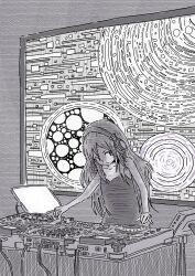 Rule 34 | 1girl, absurdres, camisole, collarbone, dj, greyscale, headset, heronnheronn, highres, long hair, looking to the side, monitor, monochrome, original, sketch, solo, standing, table, wire