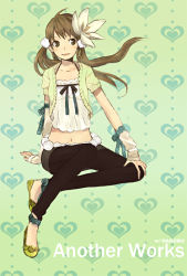 Rule 34 | ahoge, black leggings, blouse, brown eyes, brown hair, detached sleeves, fashion, flower, green background, hair ornament, halterneck, hand on own hip, invisible chair, leggings, original, ribbon, shirt, sitting, solo, twintails, white shirt, yoshito