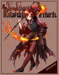 Rule 34 | 1boy, black footwear, black vest, brown eyes, copyright name, earrings, fire, highres, jewelry, male focus, o-ring, pixiv fantasia, pixiv fantasia mountain of heaven, red hair, ring, sho ga75, simple background, solo, spinel redchrome, staff, standing, vest, vial