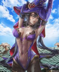 Rule 34 | 1girl, absurdres, armpits, black hair, black pantyhose, breasts, cleavage, covered navel, genshin impact, hat, highres, leotard, long hair, looking at viewer, medium breasts, mona (genshin impact), mushroom, oscuroii, pantyhose, see-through, sideboob, sky, solo, sweat, witch hat